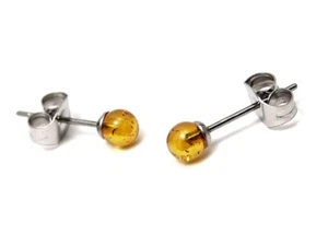Yellow Amber Ball Stud Earrings Hypoallergenic Surgical Steel 4mm SMALL - Picture 1 of 3