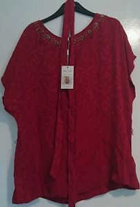 monsoon rima top hand embellished beads size 16 red berry floral bnwt belt 