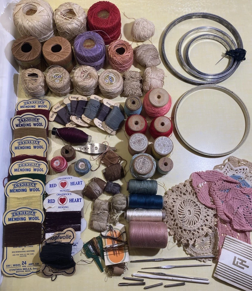 Estate Lot Antique Darning Mending Crochet Knitting Thread Lot Cotton & Notions - Image 1 of 4