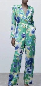 ZARA Collared Floral Print Jumpsuit Green Multicolored Size Medium - Picture 1 of 6