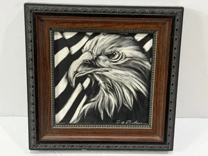 Bald Eagle Art Drawing 7x7 Framed Scratchboard Illustration Art - Signed - Picture 1 of 7