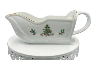 Slitta ceramica albero di Natale giocattoli agrifoglio e bacche gravy barca bordo oro anni 80 - Foto 1 di 13
