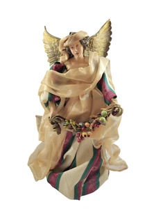 Tabletop Christmas Angel Figurine Red Green Gold Fabric Dress Gold Wings 17" - Picture 1 of 10