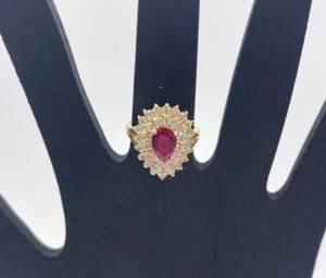 Ruby & Cz Ring 14K HGE Espo Lind Pear Shaped Cluster, 1.62 Cts, Size 7.25 - Picture 1 of 6