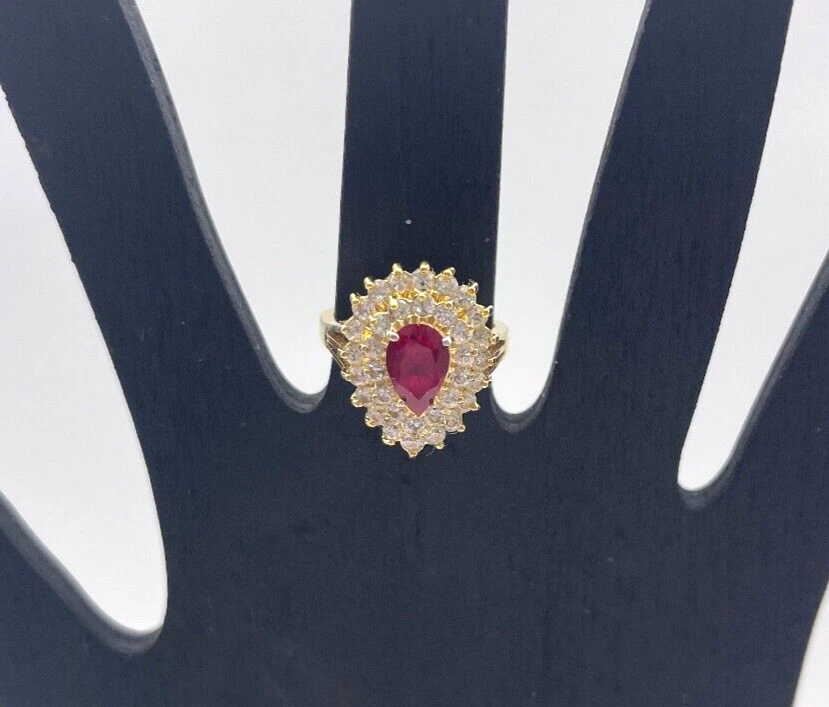 Ruby & Cz Ring 14K HGE Espo Lind Pear Shaped Cluster, 1.62 Cts, Size 7.25 - Image 1 of 4