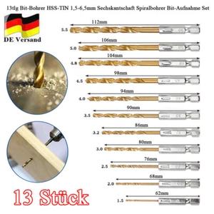 13tlg Bit-Bohrer HSS-TIN 1,5-6,5mm Sechskantschaft Spiralbohrer Bit-Aufnahme Set - Bild 1 von 13