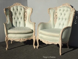 Pair of Vintage French Chairs Louis XV Wingback w Carved Ornate Figural Frame - Picture 1 of 11