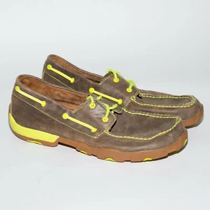 Twisted X Mens Leather Brown Bomber Neon Yellow Driving Moc Shoe MDM0018 Sz 13 - Picture 1 of 7