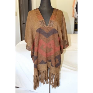 Peruanischer 100% Alpaka Poncho One Size Southwestern Inka Braun Herbst Tribal - Bild 1 von 8