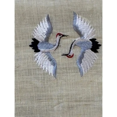 Embroidered Crane Table Runner Beige Linen Blend Decorative Tablecloth - Image 1 of 4