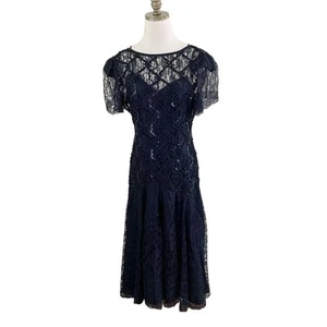 NWT Vintage 80s Deadstock Black Lace Tea Length Dress w Sequins Sheer Accents 6 - Picture 1 of 7