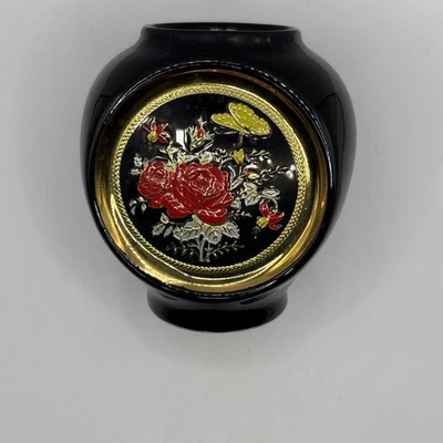 Jarrón de inspiración asiática negro miniatura dorado y rojo detalles florales apertura ovalada 3" Foto 1 de 4