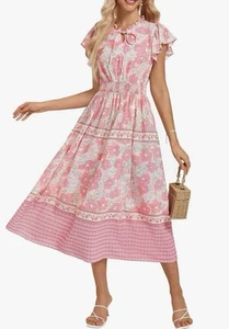 NWT GRACE KARIN Pink Madaxi Dress Daisy High Ruffle Tie Neck L 14🌸 Elast Waist - Picture 1 of 8