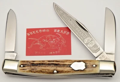 Vintage BULLDOG BRAND Solingen Two Dog Stamp 4" Premium Stock Knife Stag Handles - Image 1 of 4