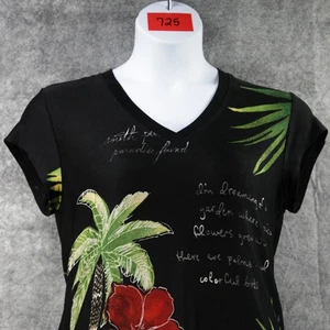 Chicos Travelers Shirt 2 Women L Black Palm Floral Red Hibiscus Tropical Tee Top - Picture 1 of 10