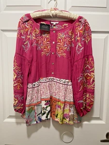 John Mark Womens Boho Top Blouse Embroidered Size M Floral Pink Baby Doll NWT - Picture 1 of 13