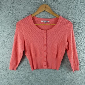 Review Womens Cardigan 10 Pink Crop Fitted Long Sleeve Button Knit Work Preppy - Picture 1 of 7