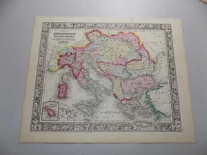 1880 Antique Mitchell COLOR Map of AUSTRIAN EMPIRE, ITALIAN STATES, TURKEY - Picture 1 of 1
