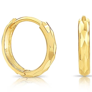 14K Solid Yellow Gold Round Diamond-Cut Huggie Hoop Earrings Small Size 12MM - Picture 1 of 8