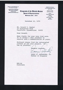 CONGRESSMAN BARRY GOLDWATER JR. 1974 TLS SIGNED AUTOGRAPHED w/COA - Picture 1 of 1