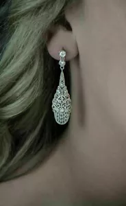 Orecchini pendenti/goccia zirconi rotondi antichi Art Deco 1,30 CT in argento sterling 925 - Foto 1 di 3