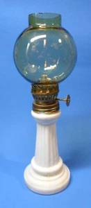 Vintage SMALL GLASS OIL KEROSENE LAMP Milk Glass Column Base Amber Globe 8.5 In - Picture 1 of 9