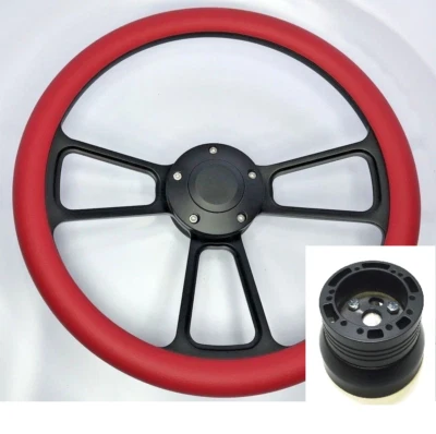 Volante Billet negro de 14" con envoltura roja, botón de bocina y adaptador de buje A02 Foto 1 de 4