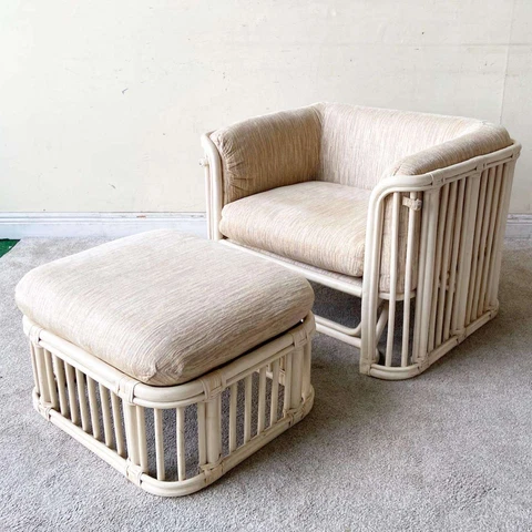 Boho Chic Bamboo Rattan Lounge Chair and Ottoman - 2 Pieces Cover