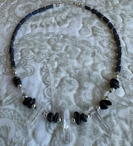 Gorgeous Night Blue Lapis & Quartz Crystal Points Beaded Necklace- Handmade - Picture 1 of 8