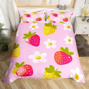 Cartoon Erdbeere Bettbezug Set Queen Size, rot und gelb Früchte Bettwäsche S... - Bild 1 von 8