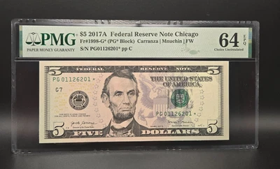 2017 A - Federal Reserve Five Dollar $5 ⭐ STAR Note ⭐-Chicago-PMG 64 EPQ - Image 1 of 2