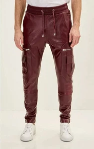 Mens Burgundy Leather Pant 100% Real Lambskin Slim Fit Skinny Jogger Biker Pants - Picture 1 of 4
