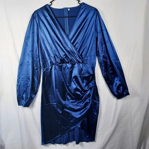 Yajedo Satin V-Neck Dress Size XL Blue Party/Cocktail Long Sleeve New - Picture 1 of 8