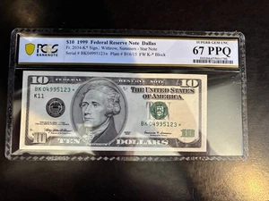 DBR 1999 $10 Dallas STAR Superb Gem Fr. 2034-K* PCGS-B 67 PPQ Serial BK04995123* - Picture 1 of 2