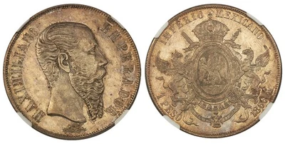 MEXICO. Maximilian 1866-Mo AR Peso. NGC MS62 Mexico City. KM 388.1 - Image 1 of 3