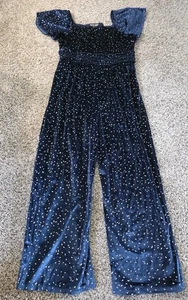 Three Pink Hearts Navy And Silver Velour Jumpsuit. Girls Size XL. Holiday Party - Picture 1 of 7