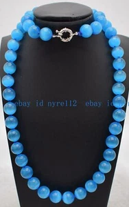 Charming 6/8/10/12mm Natural Blue Cat's Eye Opal Round Gemstone Necklace 24" AAA - Picture 1 of 8