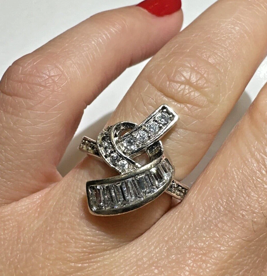 Vintage Art Déco Argento Sterling Nodo Baguette Strass Misura 6 Anello 10f 17 - Immagine 1 di 4