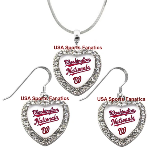 Washington Nationals 925 Necklace / Earrings or Set Team Heart With Rhinestones Cover
