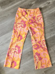 Vintage 60s 70s Psychadelic Floral Wrangler Pink Orange Yellow Flare Jeans 28in - Picture 1 of 12