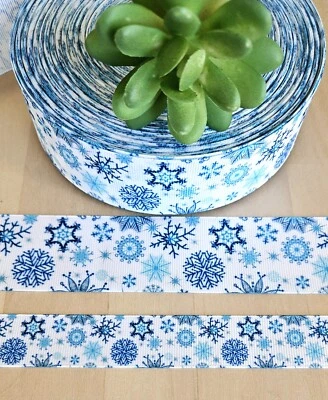"Cinta de grosgrain de copo de nieve de 7/8 y 1,5"" (1 yarda) Navidad copos de nieve azules nevada" Foto 1 de 2