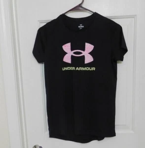 NWT Girls Under Armour Short Sleeve Black Pink logo Top sz YMD or YLG - Picture 1 of 1
