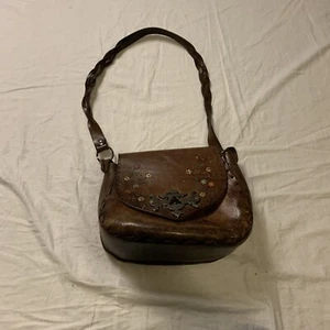 Vintage Heavy Leather Western Brown Purse Flowers Medium - Picture 1 of 17