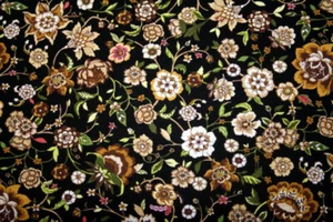FOLK ART FLORALS IN WHITE AND BROWNS ON BLACK - 100% COTTON FABRIC - Picture 1 of 4