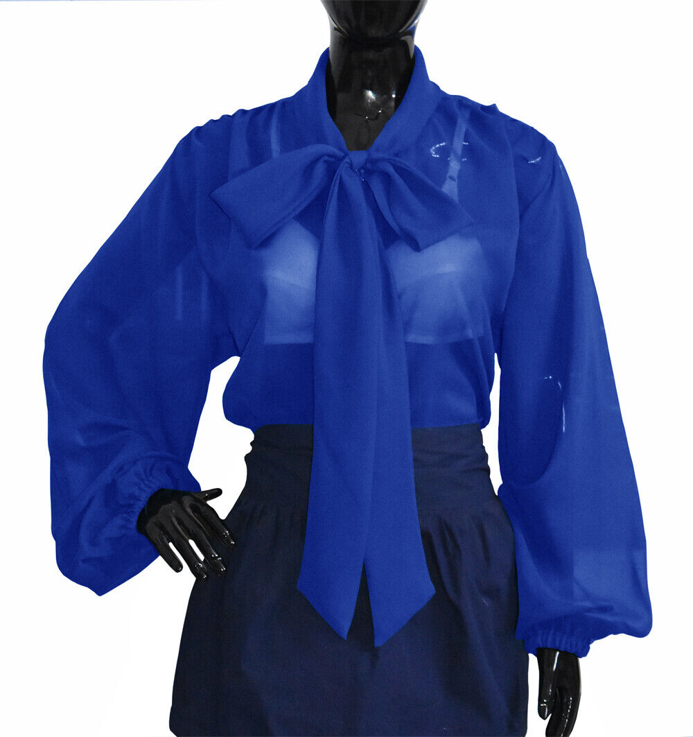 Royal Blue Chiffon Shirt For Women High Neck Bow Style Blouse 