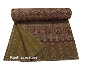Natural Dyed Ajrakh Print Kantha Quilt Reversible King Size Cotton Bedspread - Picture 1 of 7