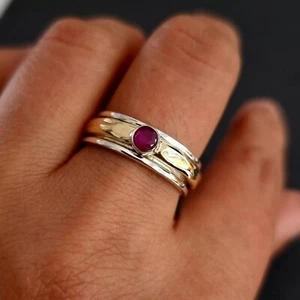 Ruby Brass Silver Spinner Ring, July Birthstone, Red Gemstone Spinning Ring - Picture 1 of 7