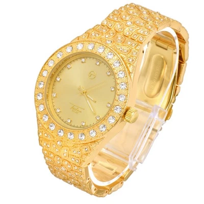 Men's Bling Gold Plated Iced Nugget Stone Fashion Metal Band Watch WM 8717 G - Image 1 of 2