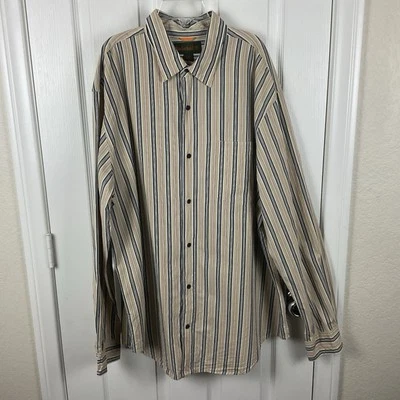 Y2K Timberland Men's Tan/Green Striped Long Sleeve Button Up Dress Shirt Sz XXL - Image 1 of 4