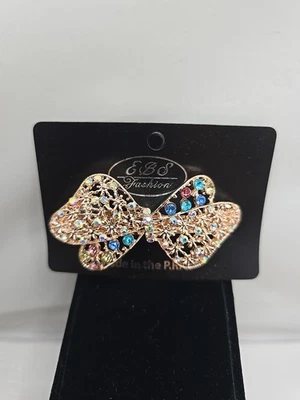 Butterfly Pink Gold Tone W/Multi Color  Rhinestone-Hair Clip Barrette EBS  - Image 1 of 4